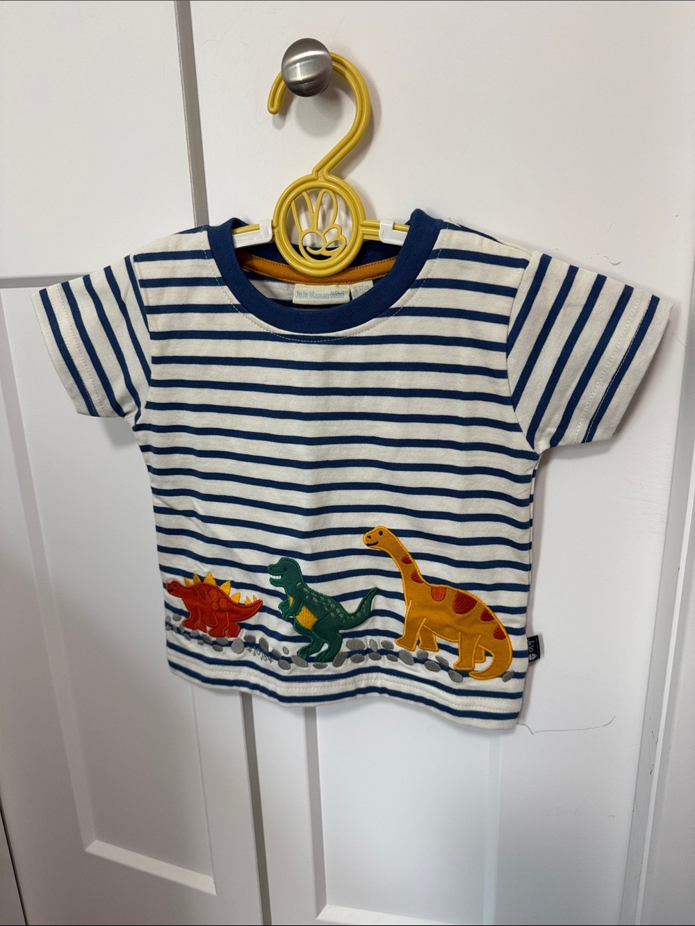JoJo Maman Bebe Navy & White Striped Tee with Dinosaur Appliqués